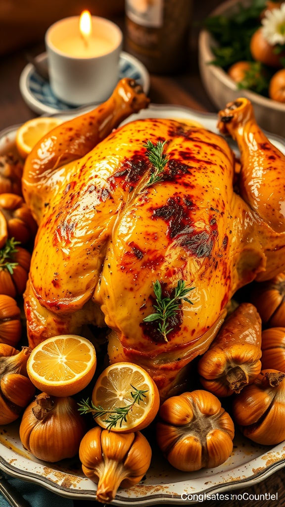 Roasted whole chicken with garlic cloves, fresh thyme, and lemon on a rustic platter.